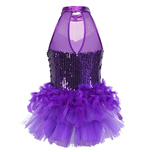 IEFIEL Tutu Vestido Maillot de Ballet Danza Niñas Traje de Jazz Baile Latin Leotardo de Lentejuelas con Falda Pluma Mono sin Mangas Ropa de Fiesta Actuación Morado 8-10 años