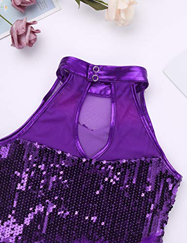 IEFIEL Tutu Vestido Maillot de Ballet Danza Niñas Traje de Jazz Baile Latin Leotardo de Lentejuelas con Falda Pluma Mono sin Mangas Ropa de Fiesta Actuación Morado 8-10 años