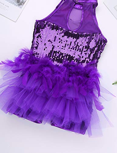 IEFIEL Tutu Vestido Maillot de Ballet Danza Niñas Traje de Jazz Baile Latin Leotardo de Lentejuelas con Falda Pluma Mono sin Mangas Ropa de Fiesta Actuación Morado 8-10 años