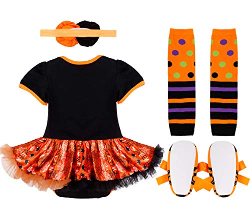 IEFIEL Vestido Calabaza para Bebe Niña Disfraz Halloween Cosplay Body Manga Cortas Conjunto Infantil Pelele con Tutú Banda de Cabeza Calientapiernas Zapatos Negro 3-6 meses