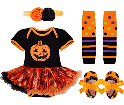 IEFIEL Vestido Calabaza para Bebe Niña Disfraz Halloween Cosplay Body Manga Cortas Conjunto Infantil Pelele con Tutú Banda de Cabeza Calientapiernas Zapatos Negro 3-6 meses