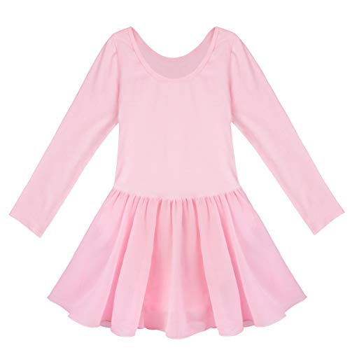 IEFIEL Vestido de Ballet Clásico Niñas Maillot Danza Gimnasia Leotardo Gimnasia Ritmica con Falda Corta Vestido Manga Larga de Patinaje Artistico Rosa A 5-6 años