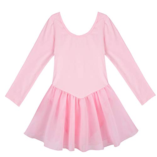 IEFIEL Vestido de Ballet Clásico Niñas Maillot Danza Gimnasia Leotardo Gimnasia Ritmica con Falda Corta Vestido Manga Larga de Patinaje Artistico Rosa A 5-6 años