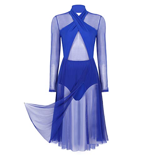 IEFIEL Vestido de Danza Moderna para Mujer Vestido E'legante de Gasa Mangas Largas Cuello Halter Disfraz Bailarina Maillot Ballet con Falda Larga Azul X-Large