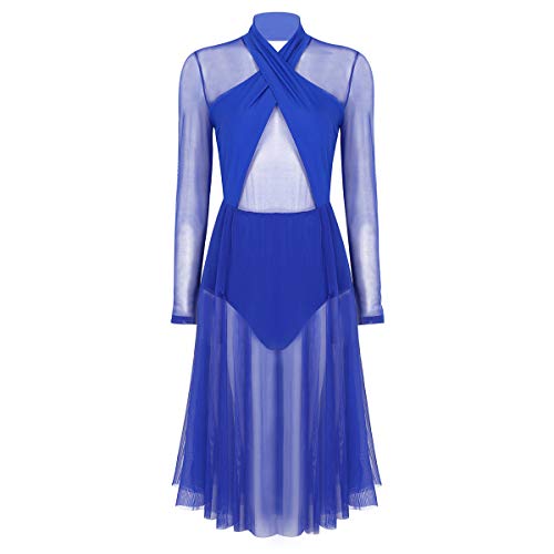 IEFIEL Vestido de Danza Moderna para Mujer Vestido E'legante de Gasa Mangas Largas Cuello Halter Disfraz Bailarina Maillot Ballet con Falda Larga Azul X-Large