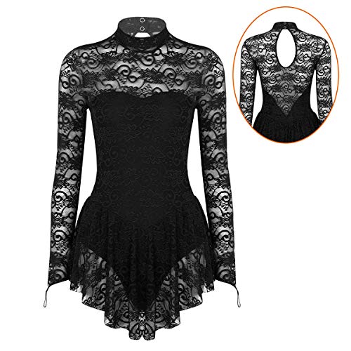 IEFIEL Vestido Maillot de Ballet Danza para Mujer Vestido Patinaje Manga Larga Encaje Flores Maillot Patinaje Artistico Disfraz Bailarina XS-XL Negro X-Large