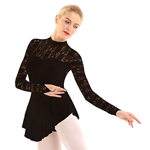 IEFIEL Vestido Maillot de Ballet Danza para Mujer Vestido Patinaje Manga Larga Encaje Flores Maillot Patinaje Artistico Disfraz Bailarina XS-XL Negro X-Large