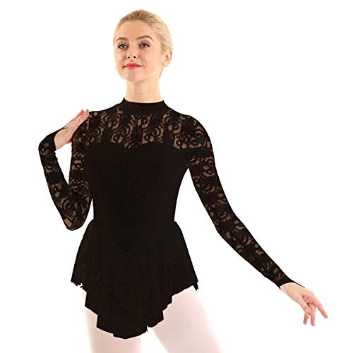 IEFIEL Vestido Maillot de Ballet Danza para Mujer Vestido Patinaje Manga Larga Encaje Flores Maillot Patinaje Artistico Disfraz Bailarina XS-XL Negro X-Large