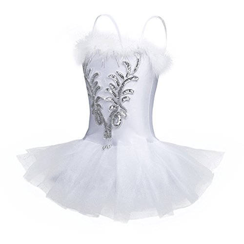 IEFIEL Vestido Maillot de Ballet Danza para Niña Chica (4-12 Años) Tutú Flor Princesa con Lentejuelas Brillantes + Guantes + Clip Blanco A 10-12 años