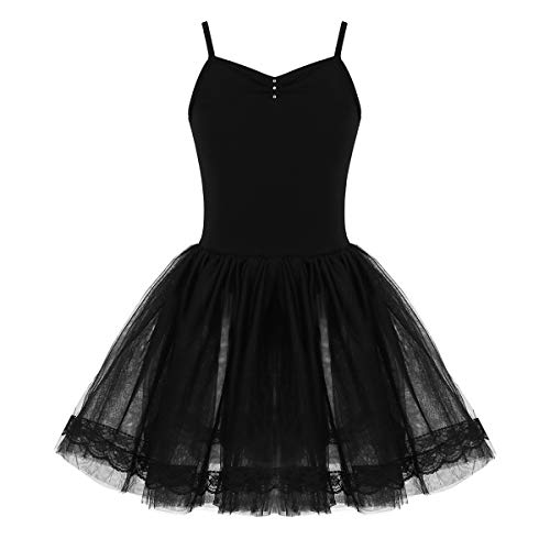 IEFIEL Vestido Maillot de Ballet Danza Tirantes para Niña Maillot Ballet con Falda Tutu Encaje Vestido de Danza sin Mangas Lerotardo Gimnasia Ballet Negro 10 Años