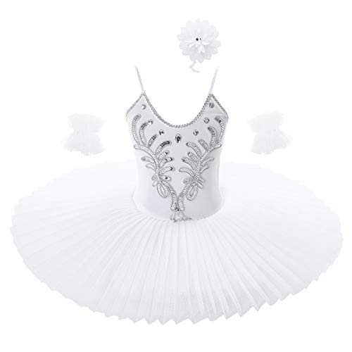 IEFIEL Vestido Maillot de Danza Ballet Cisne Niña Leotardo Gimnasia Clásico Con Tutú Princesa Body Elegante de Baile Disfraz Bailarina Lentejuelas Actuación Blanco A 5-6 años