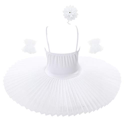 IEFIEL Vestido Maillot de Danza Ballet Cisne Niña Leotardo Gimnasia Clásico Con Tutú Princesa Body Elegante de Baile Disfraz Bailarina Lentejuelas Actuación Blanco A 5-6 años