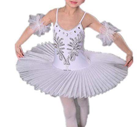 IEFIEL Vestido Maillot de Danza Ballet Cisne Niña Leotardo Gimnasia Clásico Con Tutú Princesa Body Elegante de Baile Disfraz Bailarina Lentejuelas Actuación Blanco A 5-6 años