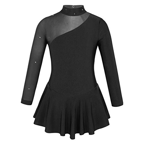 IEFIEL Vestido Princesa de Patinaje sobre Hielo para Niña Tutu Leotardo Gimnasia Maillot Ballet Manga Larga Ritmica Artístico Disfraz Bailarina Negro A 12 años