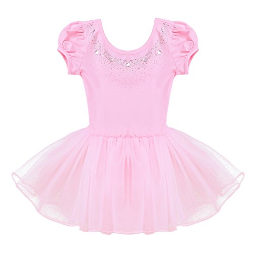 IEFIEL Vestido Tutú de Princesa para Niña Vestido de Danza Ballet Manga Corta Disfraz de Bailarina Elástica con Braguita Interior Maillot Gimnástico Traje de Patinaje Rosa A 7-8 años