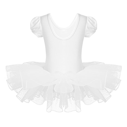 IEFIEL Vestido Tutú de Princesa para Niña Vestido de Danza Ballet Manga Corta Disfraz de Bailarina Elástica con Braguita Interior Maillot Gimnástico Traje de Patinaje Blanco A 2-3 años