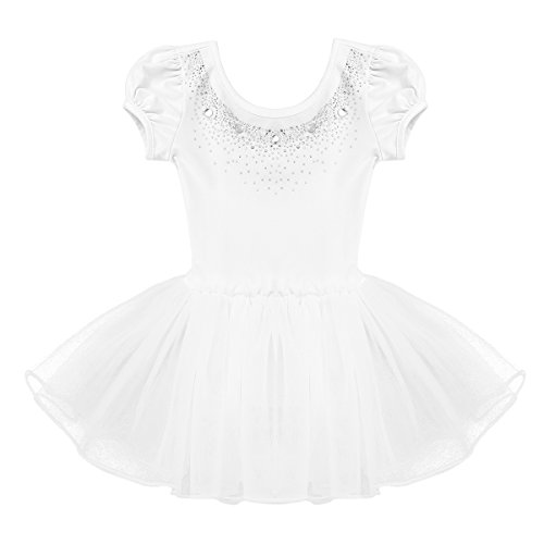 IEFIEL Vestido Tutú de Princesa para Niña Vestido de Danza Ballet Manga Corta Disfraz de Bailarina Elástica con Braguita Interior Maillot Gimnástico Traje de Patinaje Blanco A 2-3 años