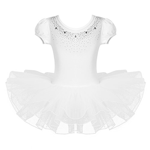 IEFIEL Vestido Tutú de Princesa para Niña Vestido de Danza Ballet Manga Corta Disfraz de Bailarina Elástica con Braguita Interior Maillot Gimnástico Traje de Patinaje Blanco A 2-3 años