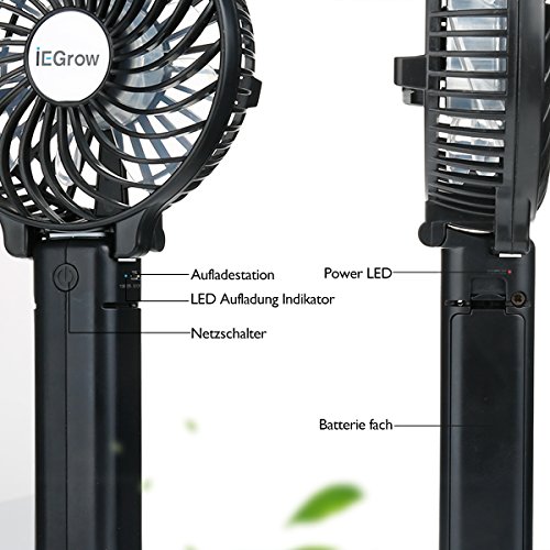 iEGrow Mini Ventiladores de Mano, Ventilador Portátil USB con Batería Recargable, Ventiladores Plegables con 3 Velocidades para Oficina/Hogar/Viajes/Exterior(Negro)