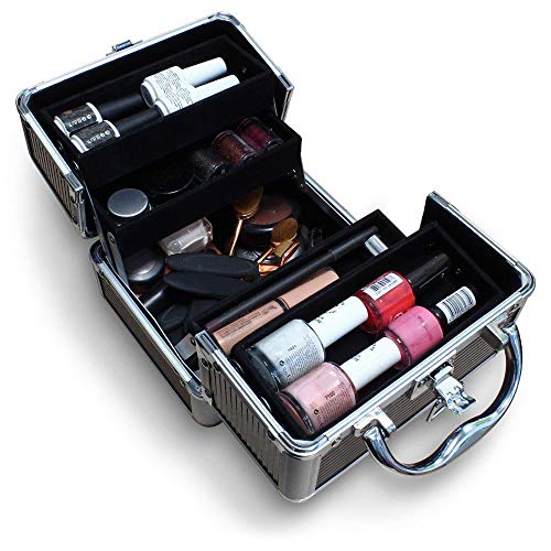 iGadgitz Home U7037 - Organizador de Maquillaje Viaje, Caja de Maquillaje, Maletín de Maquillaje - 4 x Bandejas Desplegables, Compartimento inferior grande y Asa de transporte - Negro - Pequeño