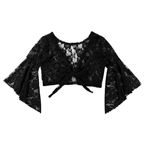 iiniim Cardigan Wraps Top Danza del Vientre para Mujer Chica Chaqueta Manga Larga de Encaje Flores Capa para Vestido Maillot Leotardo Bolero Abrigo Corto Invierno Otoño Fiesta Negro One Size