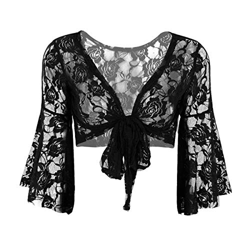 iiniim Cardigan Wraps Top Danza del Vientre para Mujer Chica Chaqueta Manga Larga de Encaje Flores Capa para Vestido Maillot Leotardo Bolero Abrigo Corto Invierno Otoño Fiesta Negro One Size