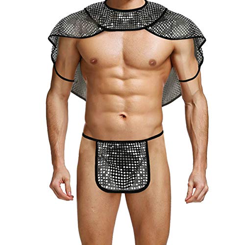 iiniim Disfraz Sexy Gladiador Romano Brillante Lencería Erótica Hombre Ropa Interior Soldado Armadura Cosplay 3PC G-String Tanga + Capa + Escote Sexi Disfrces Halloween Accesorio Negro M