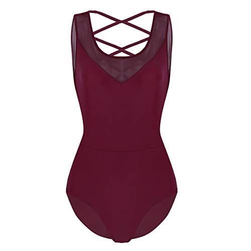 iiniim Maillot Baile Espalda Cruzada Transparente Malla Vestido de Danza Ballet Mujer Leotardo de Gimnasia Clásico Body Adulto Mono sin Mangas Bodysuit para Fiesta Actuación Rojo S