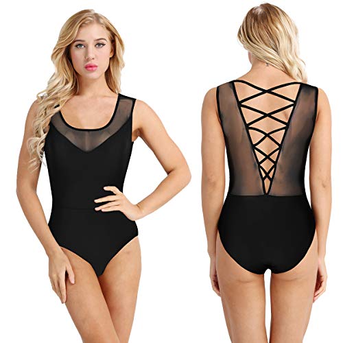 iiniim Maillot Baile Espalda Cruzada Transparente Malla Vestido de Danza Ballet Mujer Leotardo de Gimnasia Clásico Body Adulto Mono sin Mangas Bodysuit para Fiesta Actuación Negro M