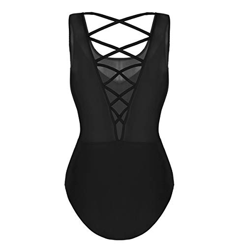 iiniim Maillot Baile Espalda Cruzada Transparente Malla Vestido de Danza Ballet Mujer Leotardo de Gimnasia Clásico Body Adulto Mono sin Mangas Bodysuit para Fiesta Actuación Negro M