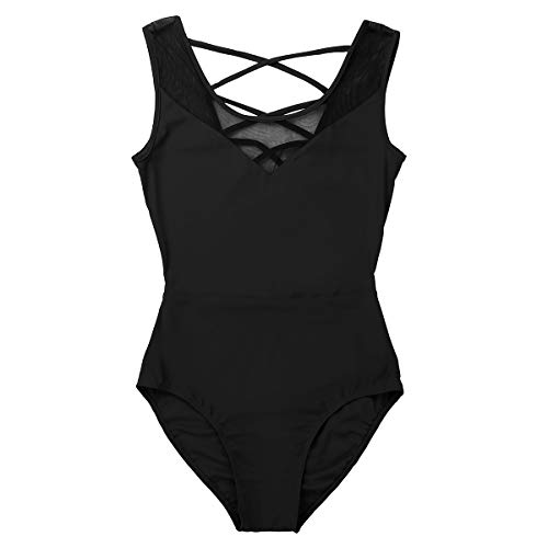 iiniim Maillot Baile Espalda Cruzada Transparente Malla Vestido de Danza Ballet Mujer Leotardo de Gimnasia Clásico Body Adulto Mono sin Mangas Bodysuit para Fiesta Actuación Negro M