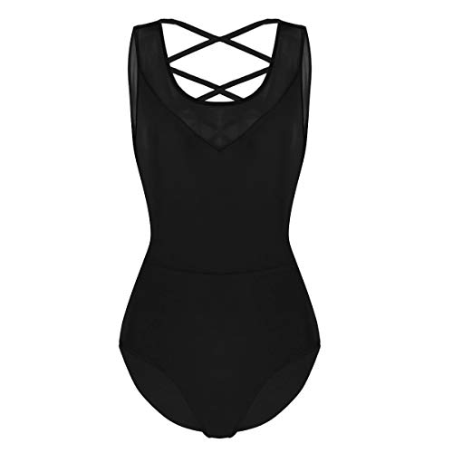 iiniim Maillot Baile Espalda Cruzada Transparente Malla Vestido de Danza Ballet Mujer Leotardo de Gimnasia Clásico Body Adulto Mono sin Mangas Bodysuit para Fiesta Actuación Negro M