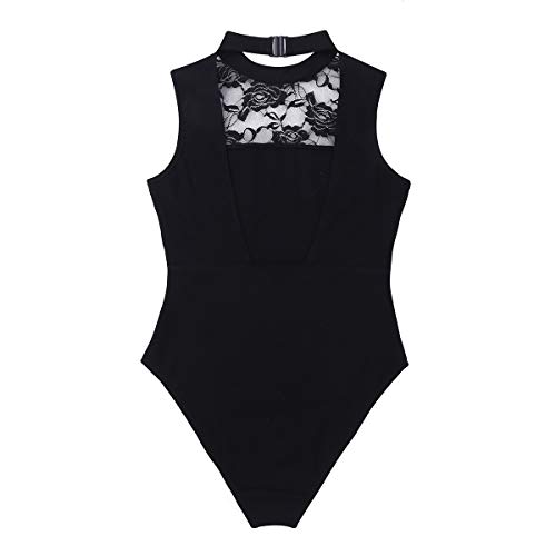 iiniim Maillot de Ballet Mujer Flores Leotardo Encaje de Gimnasia Body de Danza Cuello Alto sin Mangas Fiesta Ropa para Ballet Disfraz Bailarina Negro Small