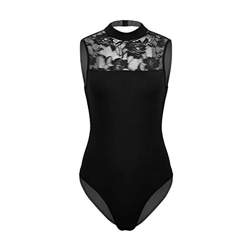 iiniim Maillot de Ballet Mujer Flores Leotardo Encaje de Gimnasia Body de Danza Cuello Alto sin Mangas Fiesta Ropa para Ballet Disfraz Bailarina Negro Small