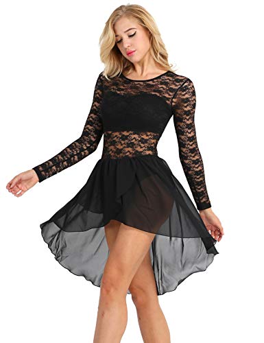 iiniim Maillot Encaje Floral Vestido de Danza Ballet Baile Mujer Tutú Falda de Gasa Leotardo de Gimnasia Clásico Body Adulto Mono Mangas Largas Bodysuit para Fiesta Actuación Negro Small