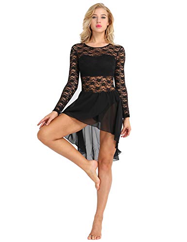 iiniim Maillot Encaje Floral Vestido de Danza Ballet Baile Mujer Tutú Falda de Gasa Leotardo de Gimnasia Clásico Body Adulto Mono Mangas Largas Bodysuit para Fiesta Actuación Negro Small