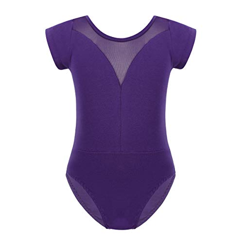 iiniim Maillot Niña Ballet Danza Manga Corta Body Leotardo Gimnasia Ritmica Artística Clásico Elástico Traje Infantil para Baile Espalda con Malla Transparente 3-12 Años Morado 10-12 años