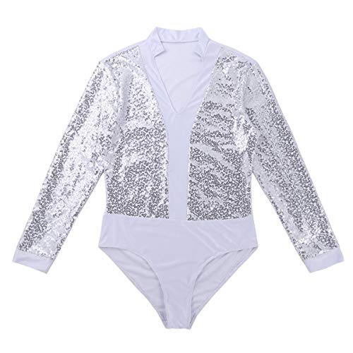 iiniim Maillots de Danza para Hombre Body Lentejuelas de Baile Danza Fiesta Leotardo Gimnasia Manga Larga Camisa Camiseta Disfraz de Ballet Actuacion Blanco M