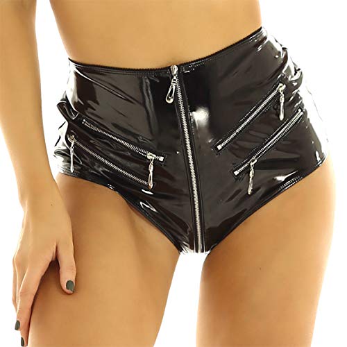 iiniim Pantalones Cortos Cuero para Mujer Cintura Alta sin Entrepierna Ropa de Danza Baile en Barra Traje Pole Dance Bodycon Booty Hot Shorts Party Clubwear Negro Small