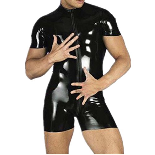 iiniim Sexy Mono Hombre Leotardo de Charol Brillante Cremallera Body Entero Músculo Negro Slim Fit Manga Corta Conjunto Lencería Erótica Bodysuit Ajustado Wetlook Catsuit Adulto Negro L