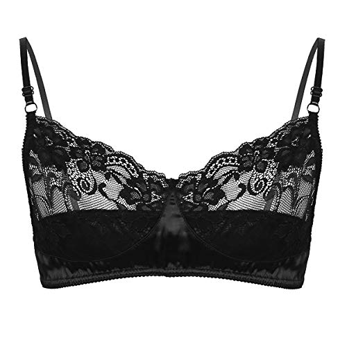 iiniim Sujetador de Encaje Flores Transparente para Hombre Atractivo Sissy Ropa Interior Hombre Lencería Erótica Sensual para Noche Sexy Gay Suave Bra Sujetador Superior Bralette Negro X-Large