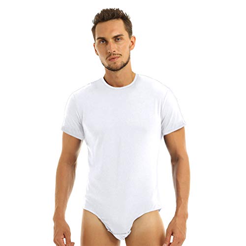 iiniim T-Shirt Body Entrepierna Abierta para Hombre Camiseta Camisa Manga Corta Mono Corto Algodón Ouvert Bodysuit Slim Fit Blanco Medium