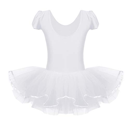 iiniim Vestido de Danza Lentejuelas Niña Ropa de Ballet Maillot Leotardo con Falda Gimnasia Tutu de Fiesta Maillot Manga Corta para Niña Ballet Baile Vestido Disfraz Ballerina Blanco 5-6 Años