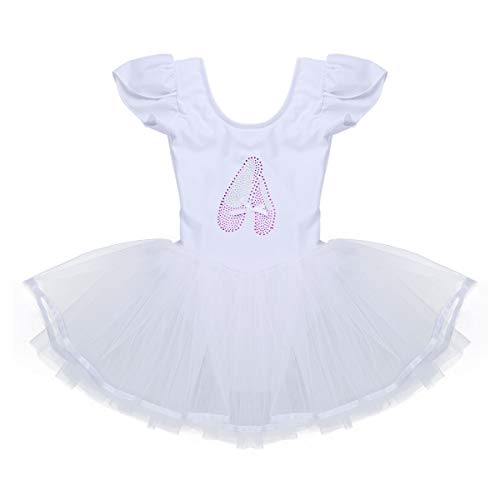 iiniim Vestido de Danza Lentejuelas Niña Ropa de Ballet Maillot Leotardo con Falda Gimnasia Tutu de Fiesta Maillot Manga Corta para Niña Ballet Baile Vestido Disfraz Ballerina Blanco 5-6 Años