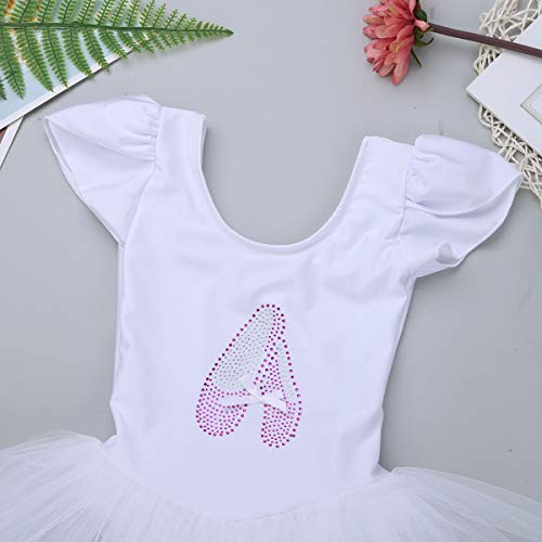 iiniim Vestido de Danza Lentejuelas Niña Ropa de Ballet Maillot Leotardo con Falda Gimnasia Tutu de Fiesta Maillot Manga Corta para Niña Ballet Baile Vestido Disfraz Ballerina Blanco 5-6 Años