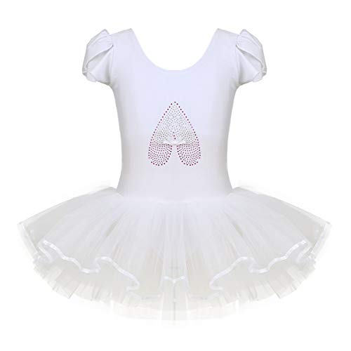 iiniim Vestido de Danza Lentejuelas Niña Ropa de Ballet Maillot Leotardo con Falda Gimnasia Tutu de Fiesta Maillot Manga Corta para Niña Ballet Baile Vestido Disfraz Ballerina Blanco 5-6 Años