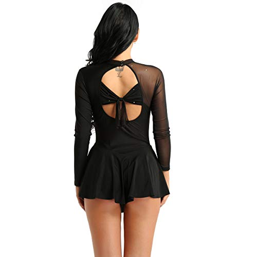 iiniim Vestido de Patinaje Artístico sobre Hielo para Mujer Transparente Leotardo de Gimnasia Maillot de Danza Ballet Manga Larga de Malla Espalda Abierto Negro Small