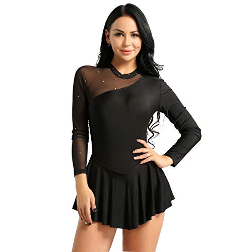 iiniim Vestido de Patinaje Artístico sobre Hielo para Mujer Transparente Leotardo de Gimnasia Maillot de Danza Ballet Manga Larga de Malla Espalda Abierto Negro Small