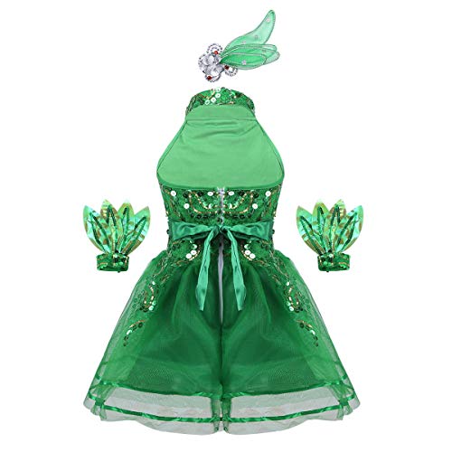 iiniim Vestido Princesa con Lentejuelas Flores Hojas Niña Traje de Baile Jazz Patinaje Artistico Tutú Danza Ballet Falda de Malla Conjunto Brillante con Muñequeras Disfraz Elfo Arbol Verde 2-3 Años