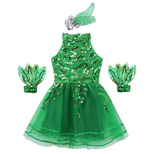 iiniim Vestido Princesa con Lentejuelas Flores Hojas Niña Traje de Baile Jazz Patinaje Artistico Tutú Danza Ballet Falda de Malla Conjunto Brillante con Muñequeras Disfraz Elfo Arbol Verde 2-3 Años